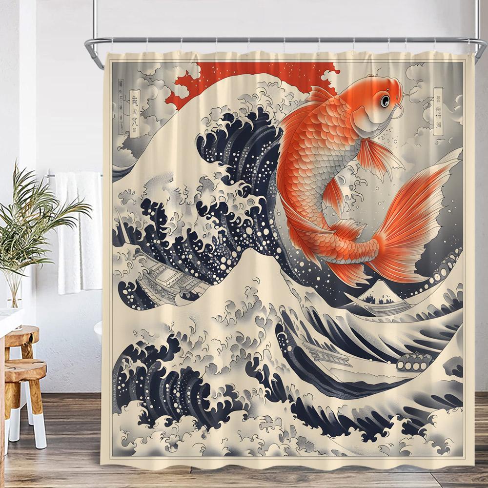 

Кой Японська Шторка для Душу Хвилі Червоне Сонце Сакура Благословення Удачі Декор для Ванної Кімнати Класична Поліестерова Шторка для Ванни з Гачком 150x180cm-60x70in