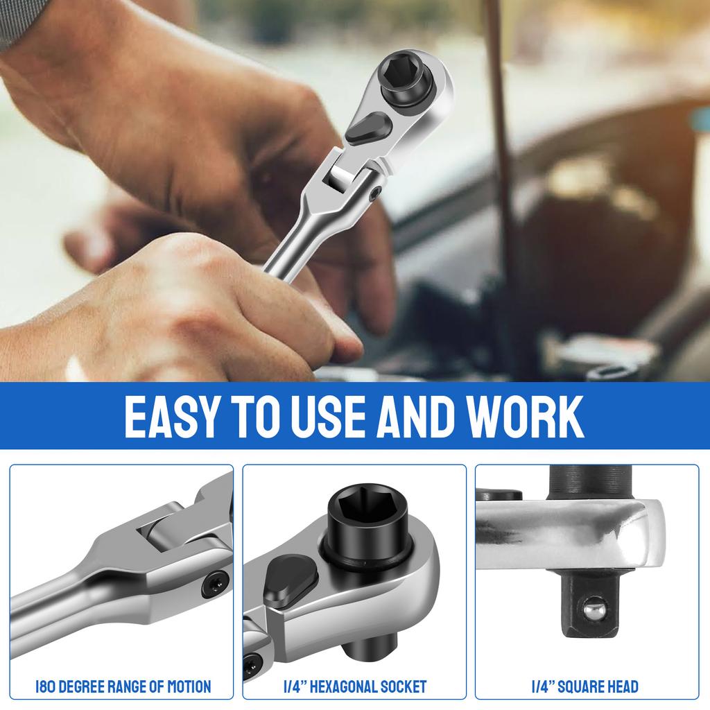 Mini Ratchet Wrench Set Chrome Vanadium Steel 2 In 1 Flex Head Ratchet Wrench Reversible 1/4 Inch Drive Ratchet and Bit Driver