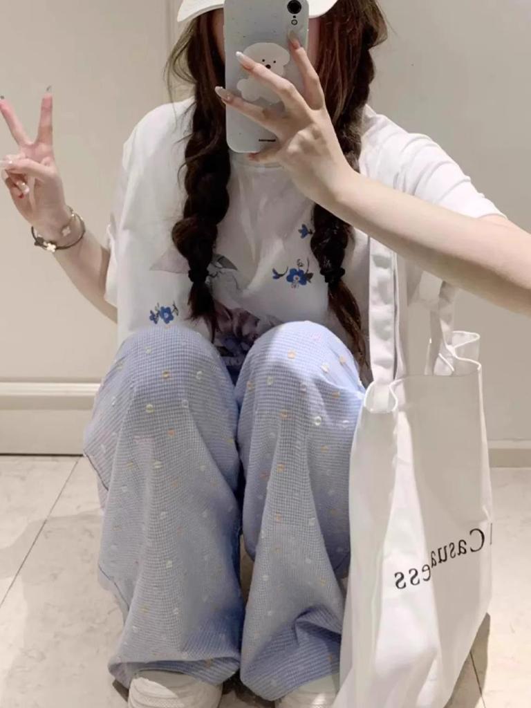 Women’s Summer High-Waist Dopamine Yellow Polka Dot Wide-Leg Pants | 145cm | Ice Silk | Petite Draping Style