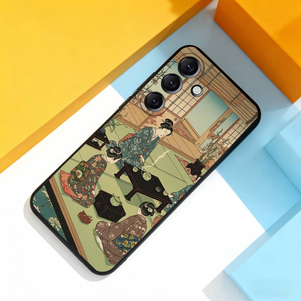 J-Japan Style Ukiyo-e Cool Phone Case For Samsung Galaxy A 73,72,51,53,52,71,22,5G,Note,J7,8,9 Soft Black Cover