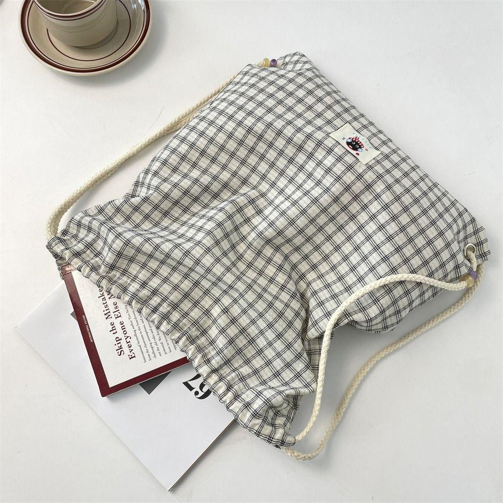 Vintage Korean Plaid Drawstring Bag Y2K Aesthetic Harajuku Plaid Backpack Casual Lightweight Student Schoolbags Outdoor