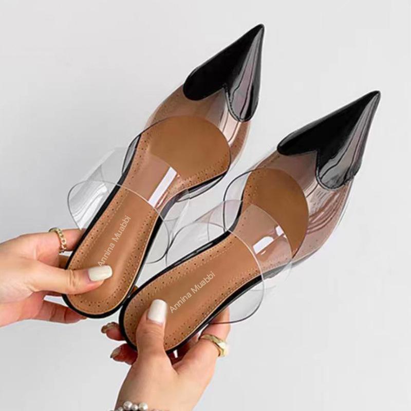 Directly from the Baotou High-heeled Sandals, Simple Wind Pvc Splicing Love Pointed High-heeled Sandals