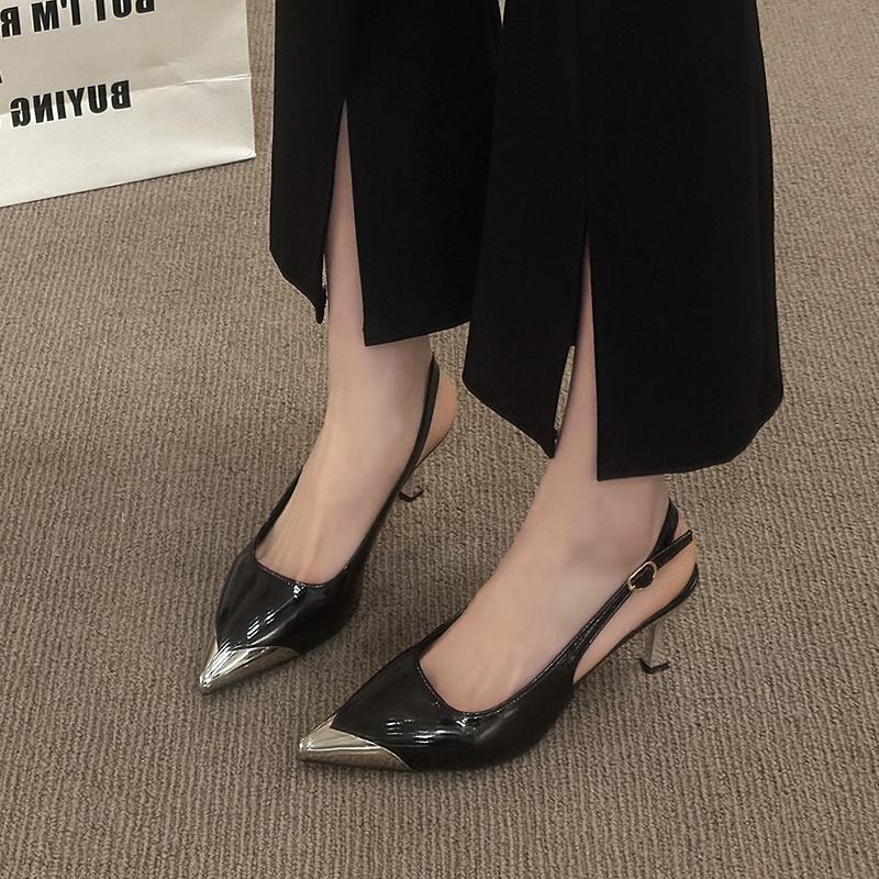 

Роскошные Металлические Дизайнерские 2025 Лето Новые Офисные Женские Сандалии Модные Остроносые С Открытой Пяткой Женские Сандалии на Высоком Каблуке 35 чёрный