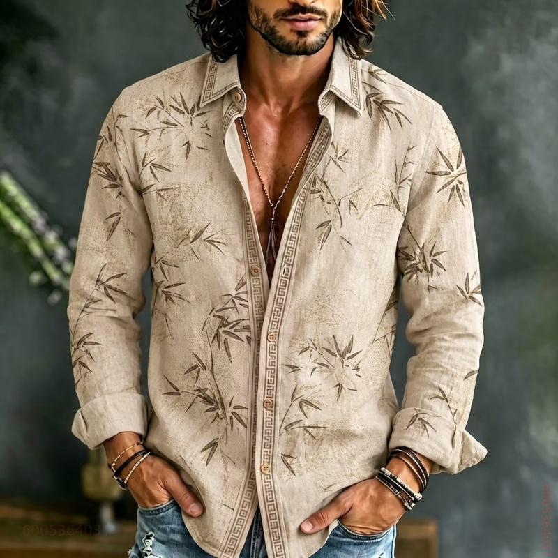 Men's Long Sleeved Shirt with Bamboo Leaf Pattern Full Printing, Daily Commuting, Travel, Vacation, Fashionable and Trendy Shirt