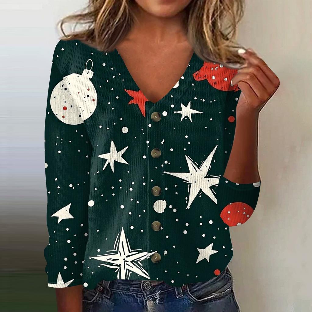 Women's Fashion Print Long Sleeve Knitted Cardigan Button Up Jacket