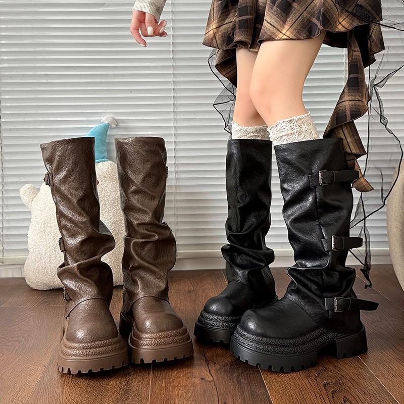 Thick-soled heightening knight boots women's 2025 new spring and autumn retro brown Maillard stacking boots medium tube boots