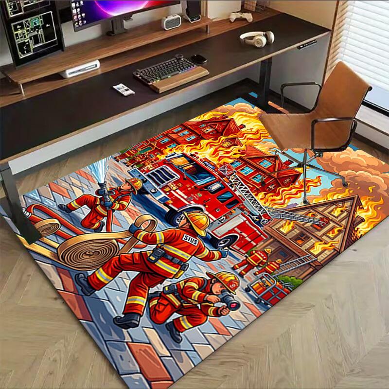 1PC Firefighter Firetruck Non-Slip Floor Carpet, Office, Family, Bedroom, Studio - Large Area Rug,  Decorative Mat, Longlasting Material-C0411