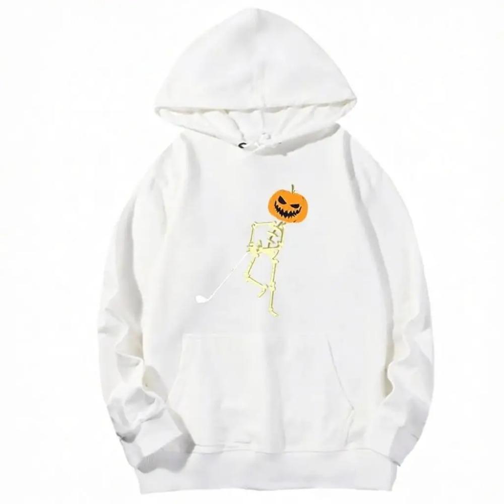 Funny Skeleton Head Pumpkin Playing Golf Humor Print Pullover Trendy Autumn Winter Long Sleeve with Pocket Women Harajuku Hoodie