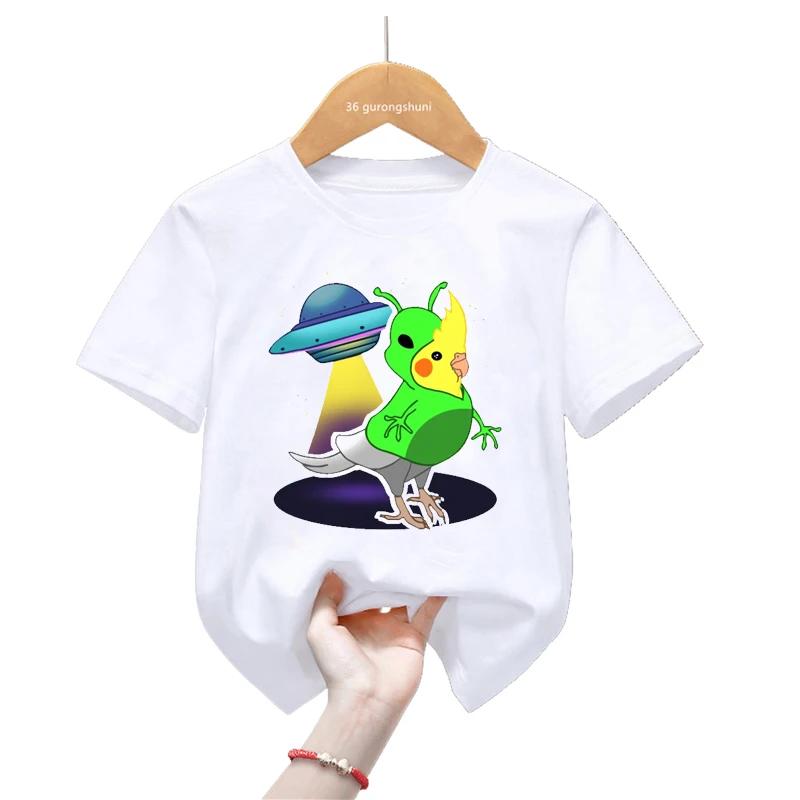 Sommar Tecknad Cockatiel Fågel Tryck T-shirt För Flickor/Pojkar Rolig Papegojfågel Barnkläder Kortärmad T-shirt