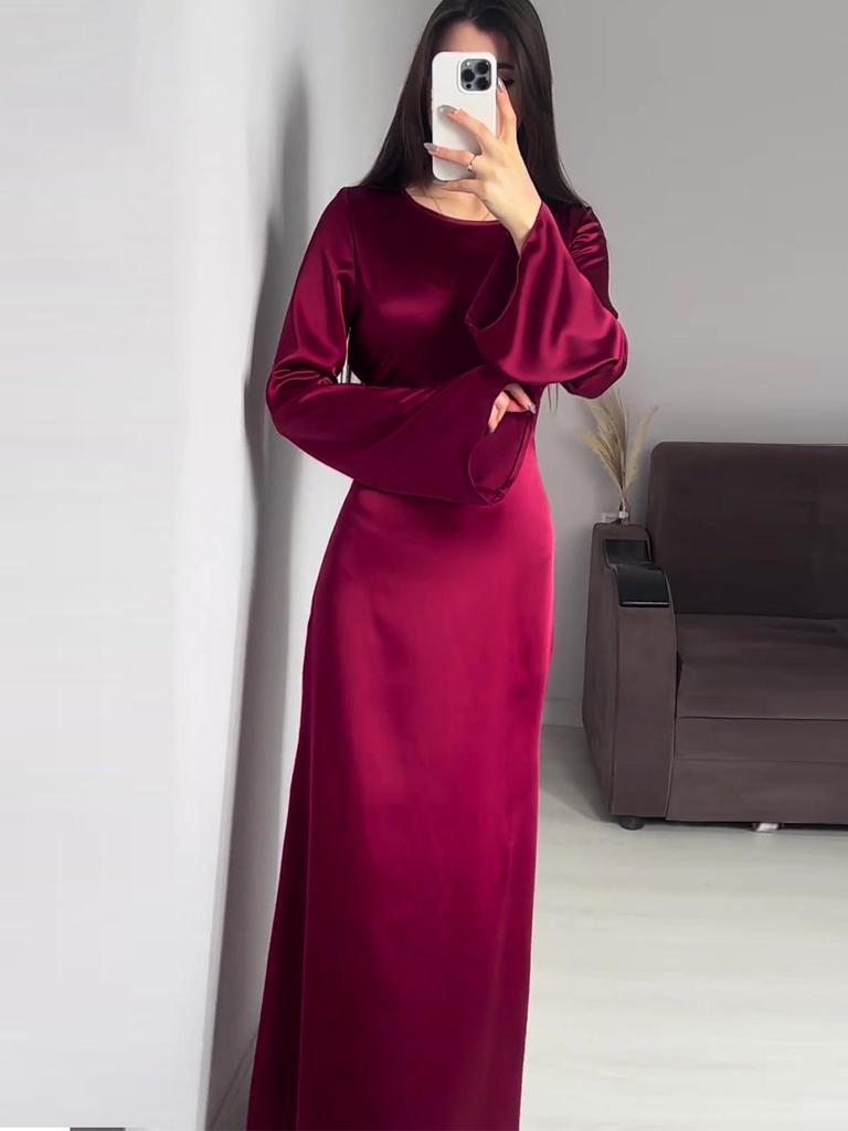 2024 Frühling Schlankmachendes Taillenband Einfarbig Langarm Maxi-Kleid