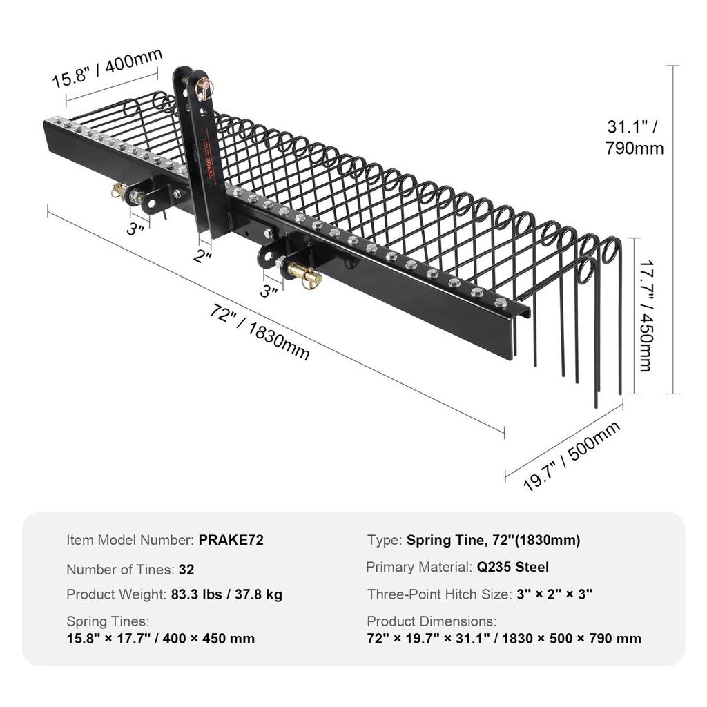 Tow Behind Landscape Rake 72" Lawn Dethatcher Rake with 32 Steel Tines