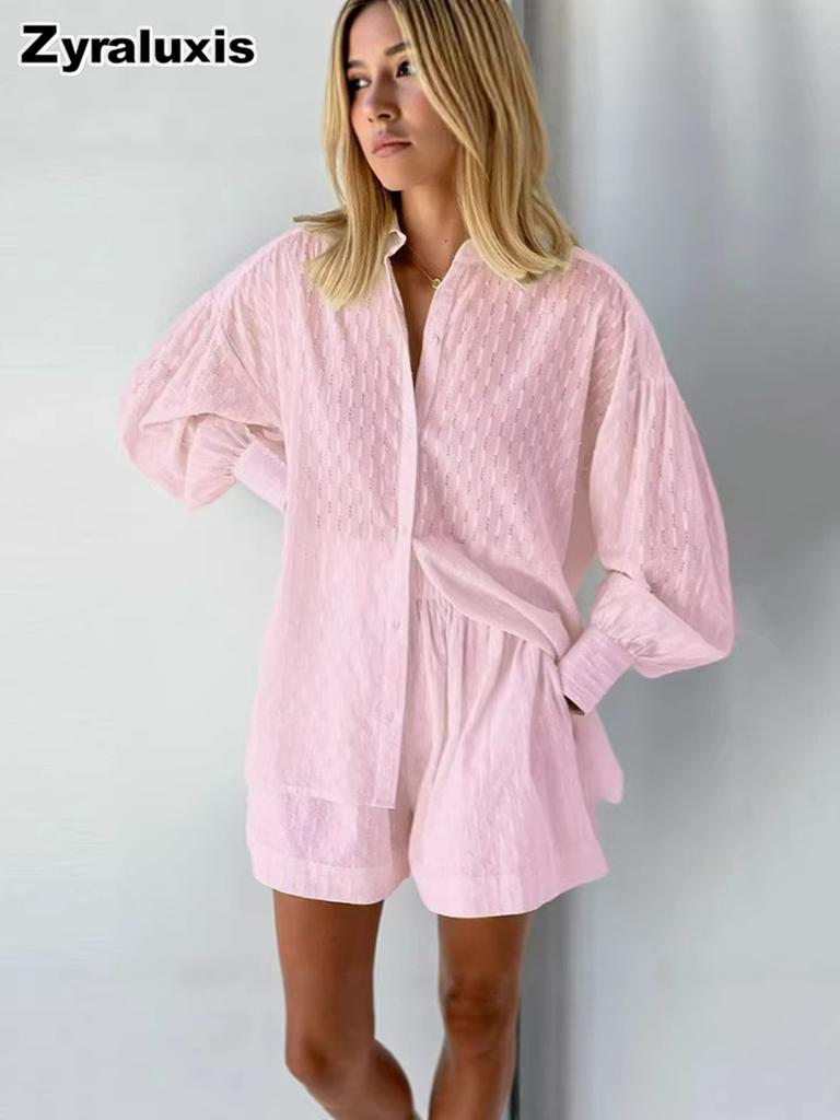 Spring/Summer Women's Lace Trim Bubble Sleeve Top Set with Shorts Casual Fashion Outfit