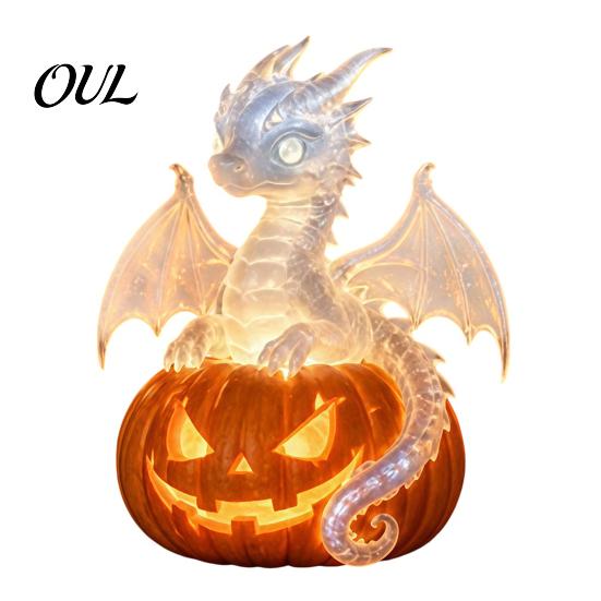 Halloween Night Light Decor Pumpkin Light, Resin LED Dragon Tabletop Lamp, Witch Festive Ornaments Hat Black Cat Crow Lamp for Home Table Mantel Cute