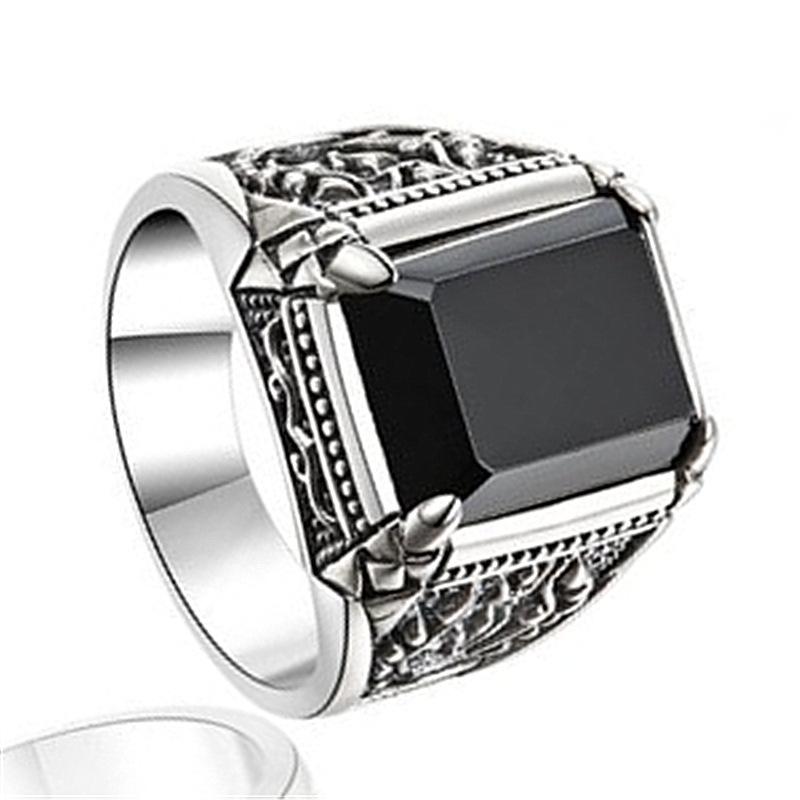 Retro Thai Silver Dark Souls Black Agate Adjustable Men's Ring - Trendy Four-Claw Gemstone Design