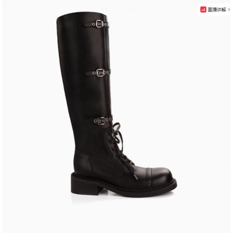 Cowhide Miumiu Genuine Leather Martin Boots Women's Autumn and Winter Maillard Western Boots Thick Heel Medium Tube Retro Short Boots