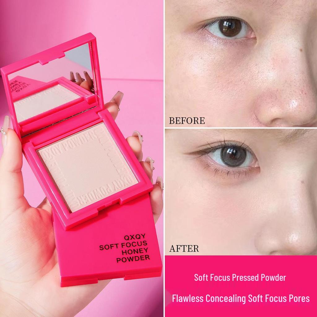 QXQY Soft Focus Matte Powder: Long-Lasting, Non-Cakey, Brightening Honey Compact for Concealing & Setting Makeup.