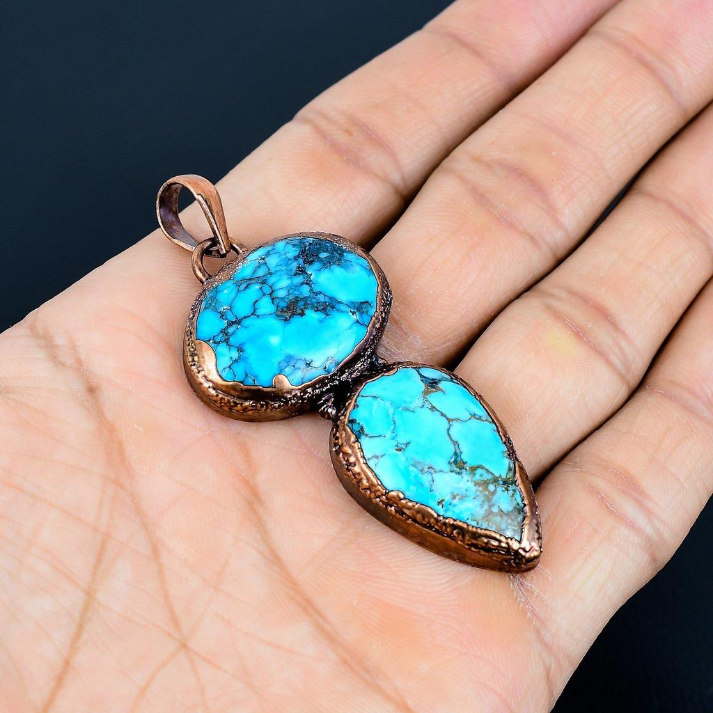 Blue Turquoise Handmade Gemstone Pendant, Copper Electroformed Antique Jewelry Pendant, For Engagement Gift