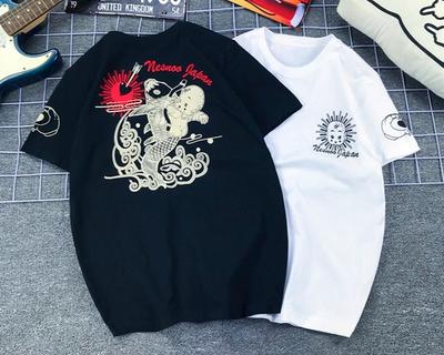Japanese Tide Brand Lucky Ghost Little Devil Fishing Carp Printing Pure Cotton Large Size T-shirt Men's Women's Locomotives