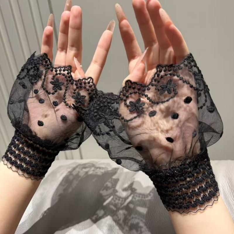 Sheer Embroidered Fingerless Wrist Cuffs Pair for Women, Lace Sleeves with Flared Cuff for Weddings and Photo Styling Use