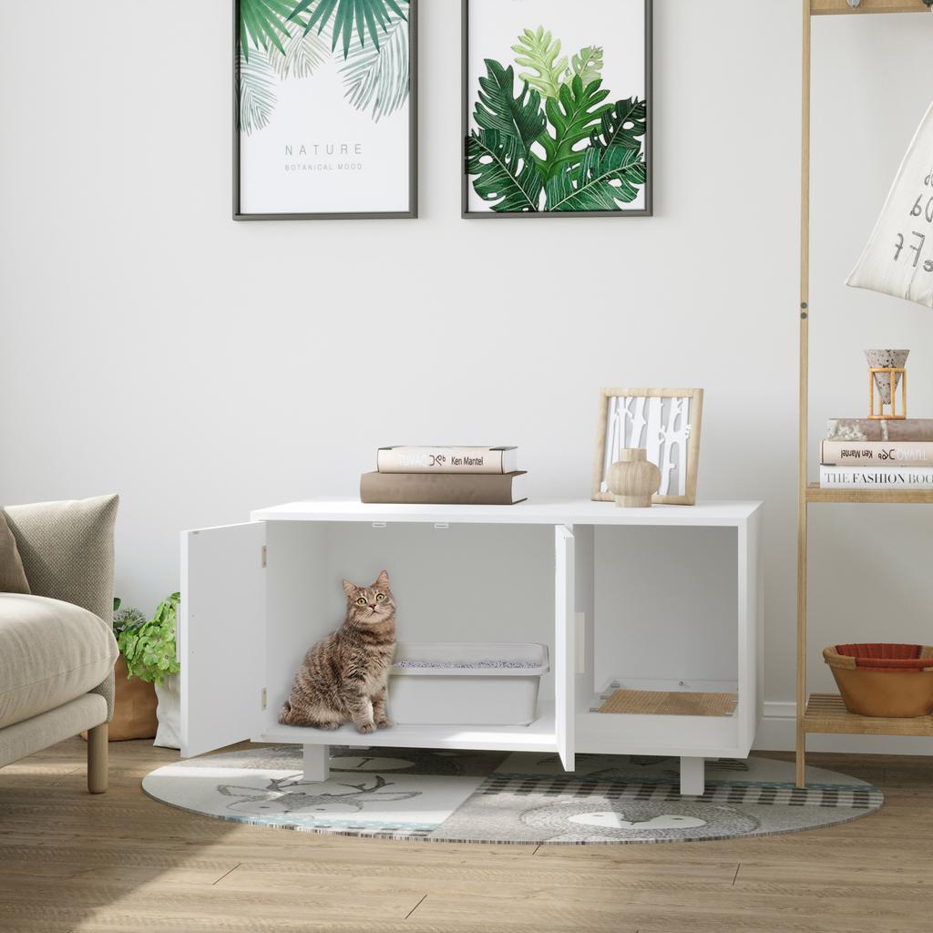 Wooden Cat Litter Box Cabinet with 2 Doors and Side Opening with Scratching Post, White