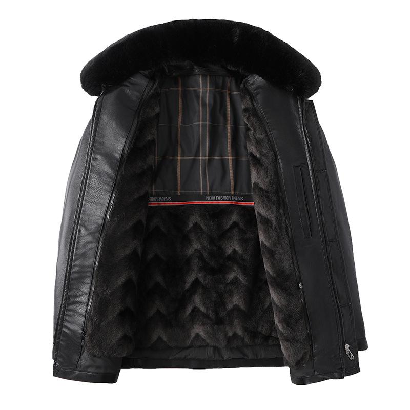 Men's Turn Fur Collar Medium and Long Plush Thickened Take-off Liner Middle-aged and Elderly Leather Jacket