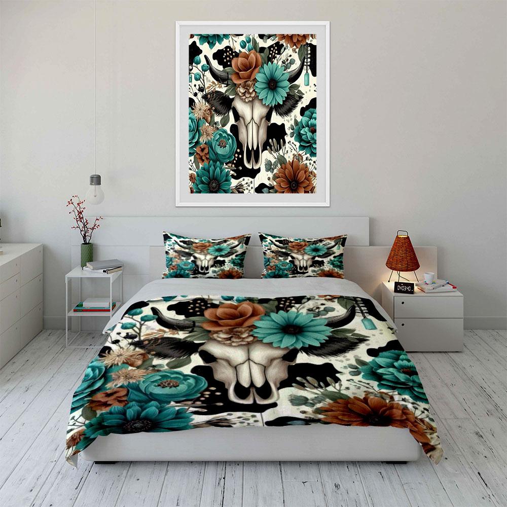 Floral Bull Skull Bedding Set Bedding Duvet Cover Set Duvet Cover Pillowcases (1 * Duvet Cover 2 * Pillowcases, Without Duvet Insert)