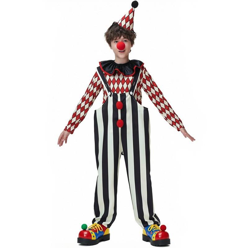 Costume de Clown pour Enfants Fête d'Halloween Spectacle de Cirque Unisexe Manches Longues Tenue de Scène à Rayures Design Dessin Animé