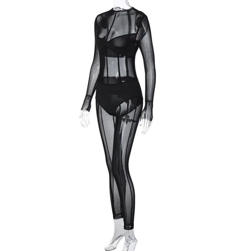 See-through Long Sleeve Mesh Rompers Sexy Perspective Long sleeve Mesh One-Piece Trousers