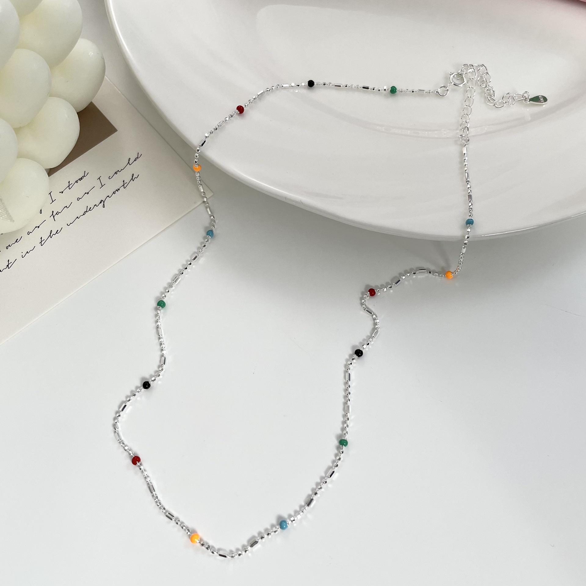 Elegant Rainbow Beaded Necklace & Layered Clavicle Chain Bracelet Set for Women