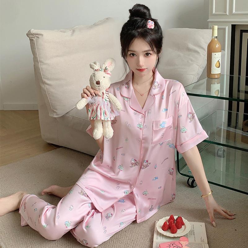 Sweet Wind Cartoon Printed Pajamas Girls Short Sleeves Long Pants Milk Huhu Ice Silk Loungewear Wear Outfit