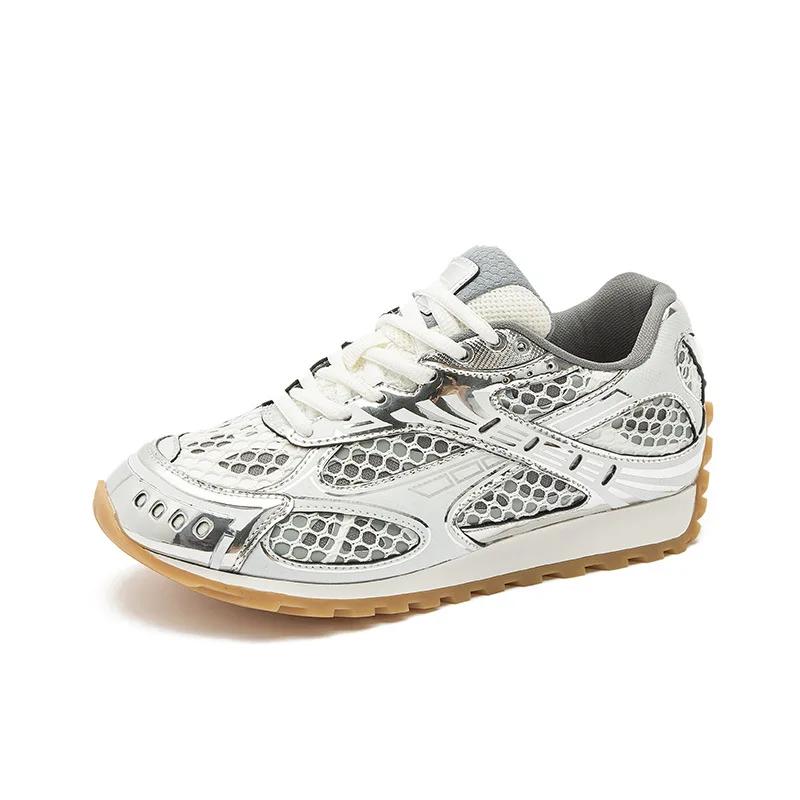 Women's luxury flat sneakers, patchwork leather shoes, optical sole, air mesh, running and walking, couples wear, fall