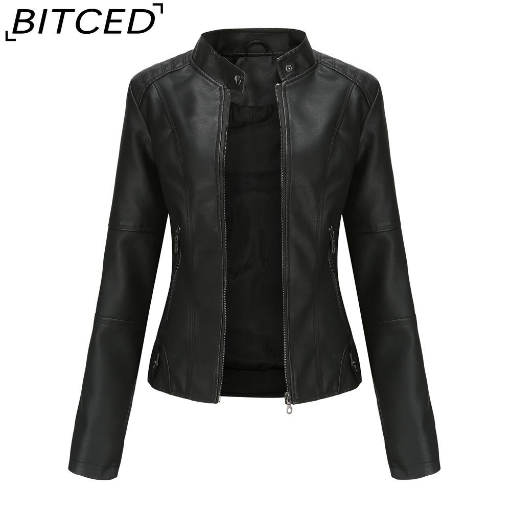 BITCED Women's Slim-Fit Leather Jacket - Lightweight Spring/Autumn Outerwear Motorcycle-Style Oversized Stand Collar Leather Jacket