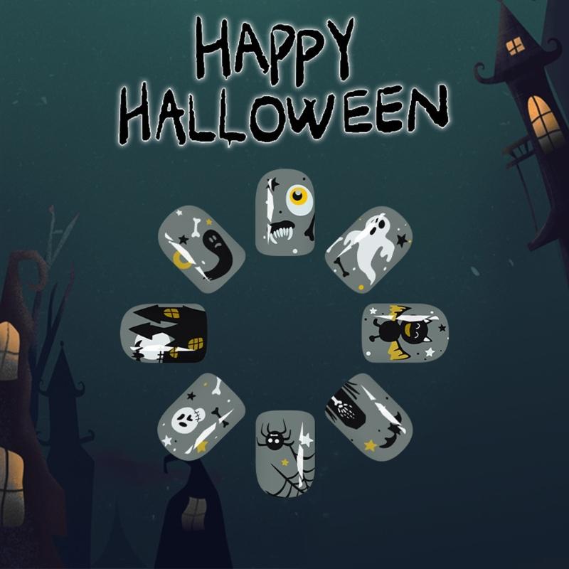 Halloween Press On Nail 24PCS Dark House Art With Glittering And Skeletons Easy Application For Parties