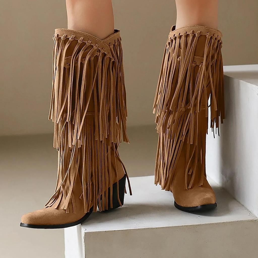 Large Size 45 Women Retro Ethnic Western Cowboy Boots Block Medium Heels Tassel Fringe Kneehigh Boot Lady Winter Shoes