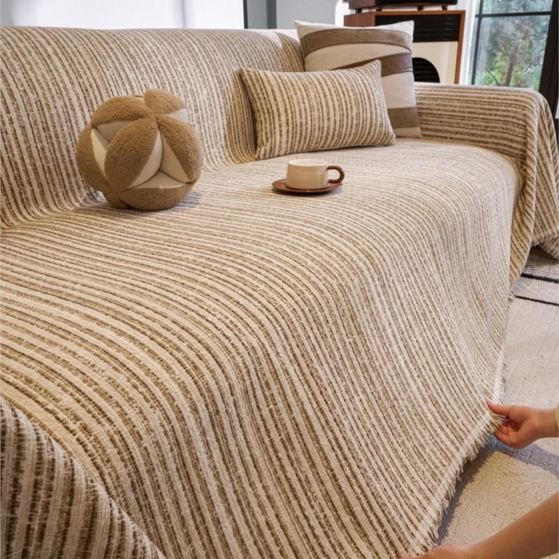 All-Season Universal Non-Slip Fit Soft Chenille Striola Couch Cover Cushion Protector One-Piece Full Coverage Sofa Throw Cover