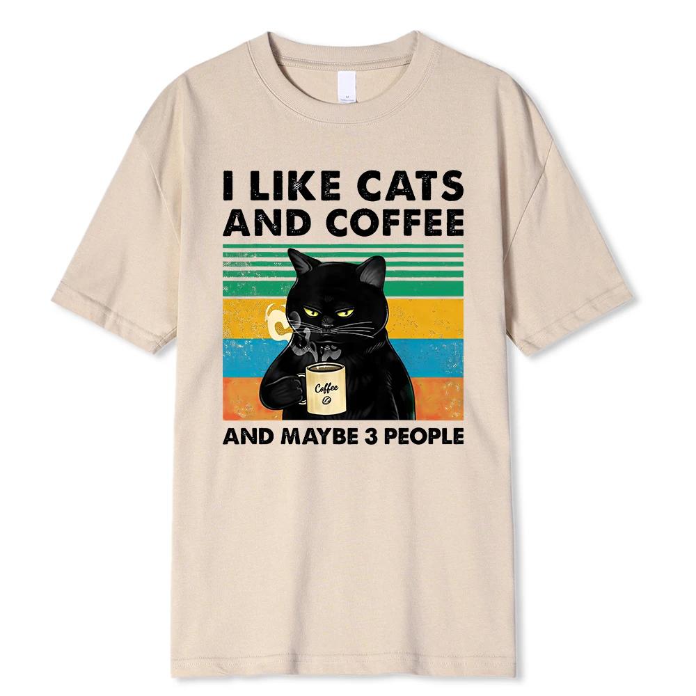Men's I Like Cats And Coffee pattern printed 100% pure cotton short-sleeved T-shirt casual loose Harajuku top