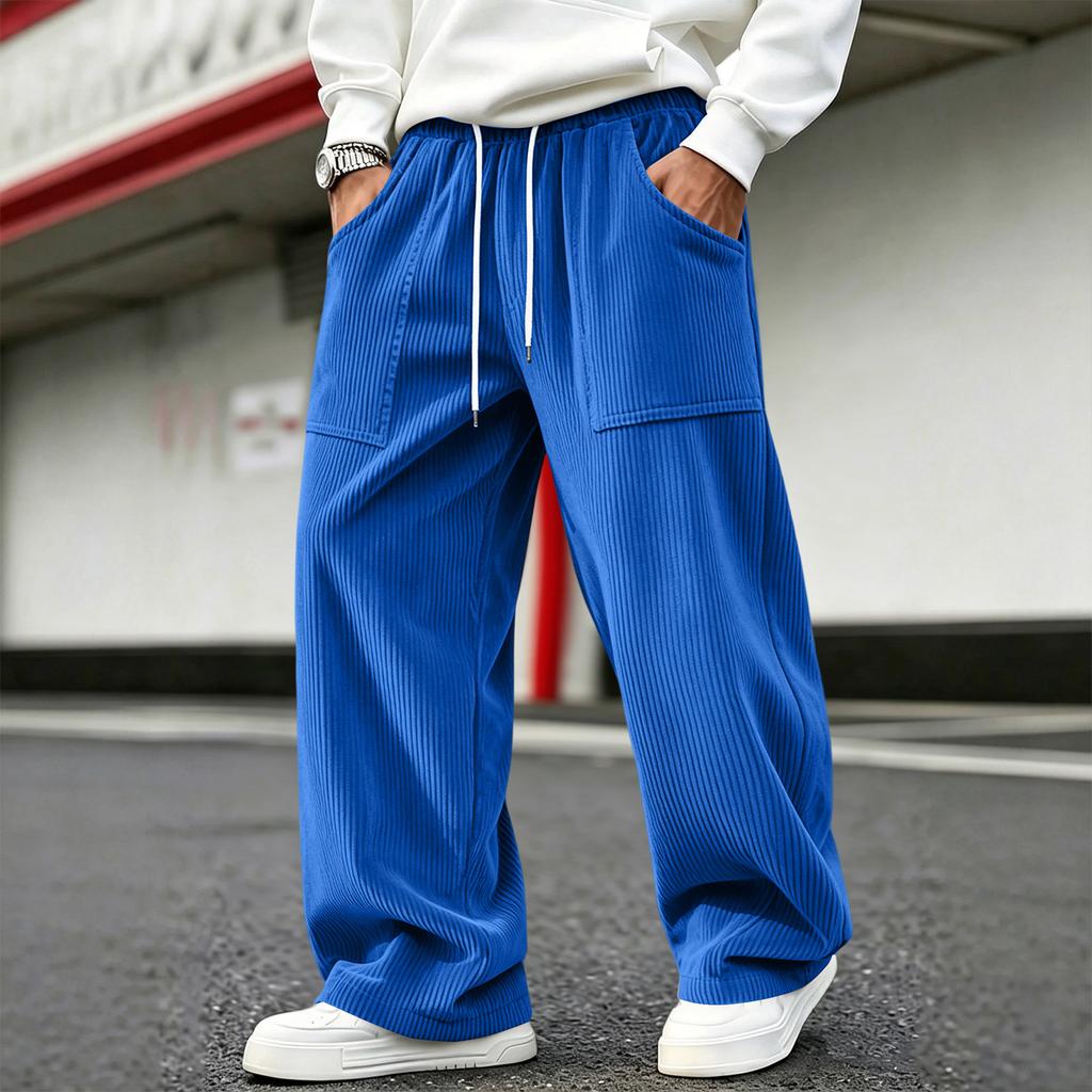 Men's Corduroy Pants Loose Fit Straight Leg with Elastic Waist for Casual Everyday Wear