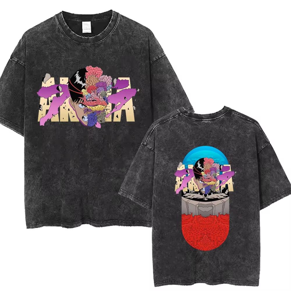 2026 Summer Fashion Trendy Tee Washed Retro Japanese Anime Akira Print Cotton Men Woment Tshirt Y2k Hip Hop Streetwear Tshirt