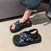 Summer Fashion Comfortable Round-toe Light Roman Beach Sandals Non-slip Thick-soled Sandals for Women Denim Pearl Flip-flops