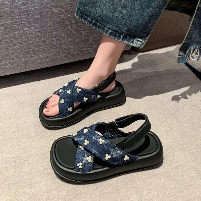 Summer Fashion Comfortable Round-toe Light Roman Beach Sandals Non-slip Thick-soled Sandals for Women Denim Pearl Flip-flops