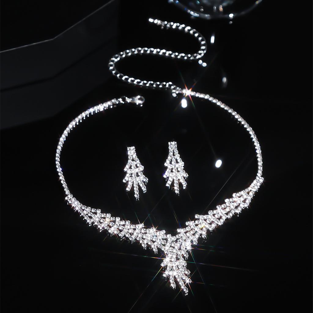 Luxury Shiny Rhinestone Necklace Earrings Set, Premium Temperament Necklace Ear Jewelry