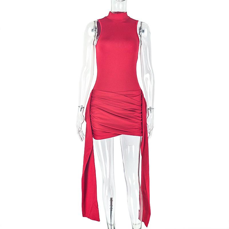 Women High Neck Sleeveless Bodycon Mini Dress Ruched Wrap Long Sashes Bandage Party Dress Solid Color Club Outfits 2024 Winter Streetwear