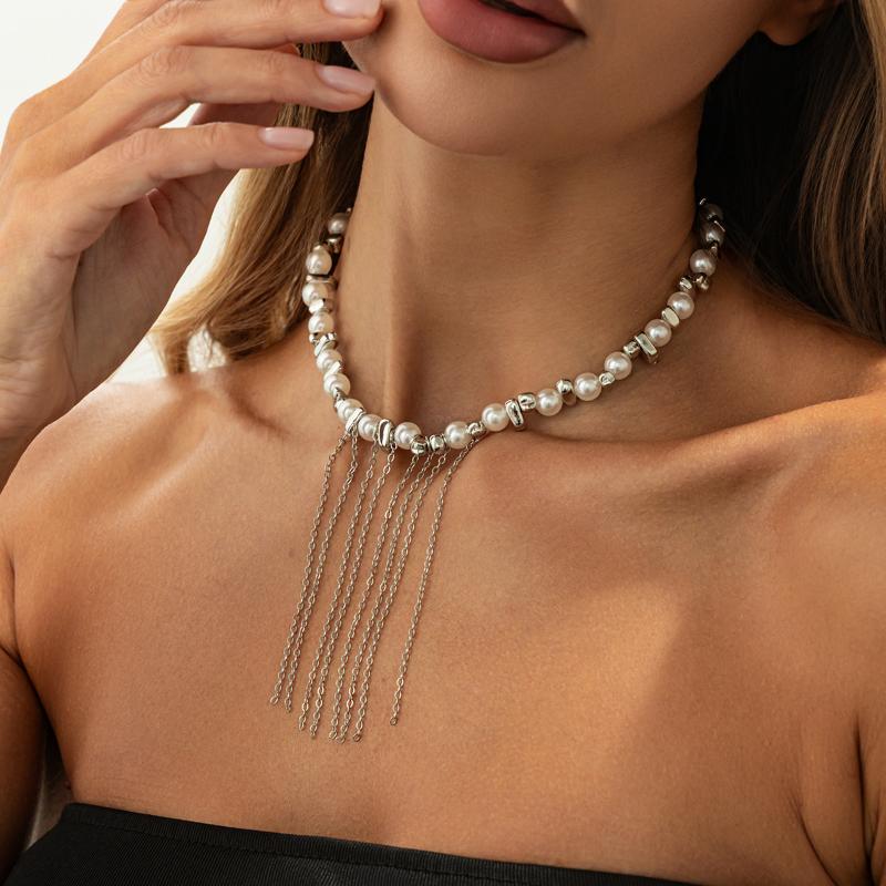 Trendy Pentagram Star Heart-Shaped Tassel Pendant Necklace Creative Multi Layer Imitation Pearl Choker