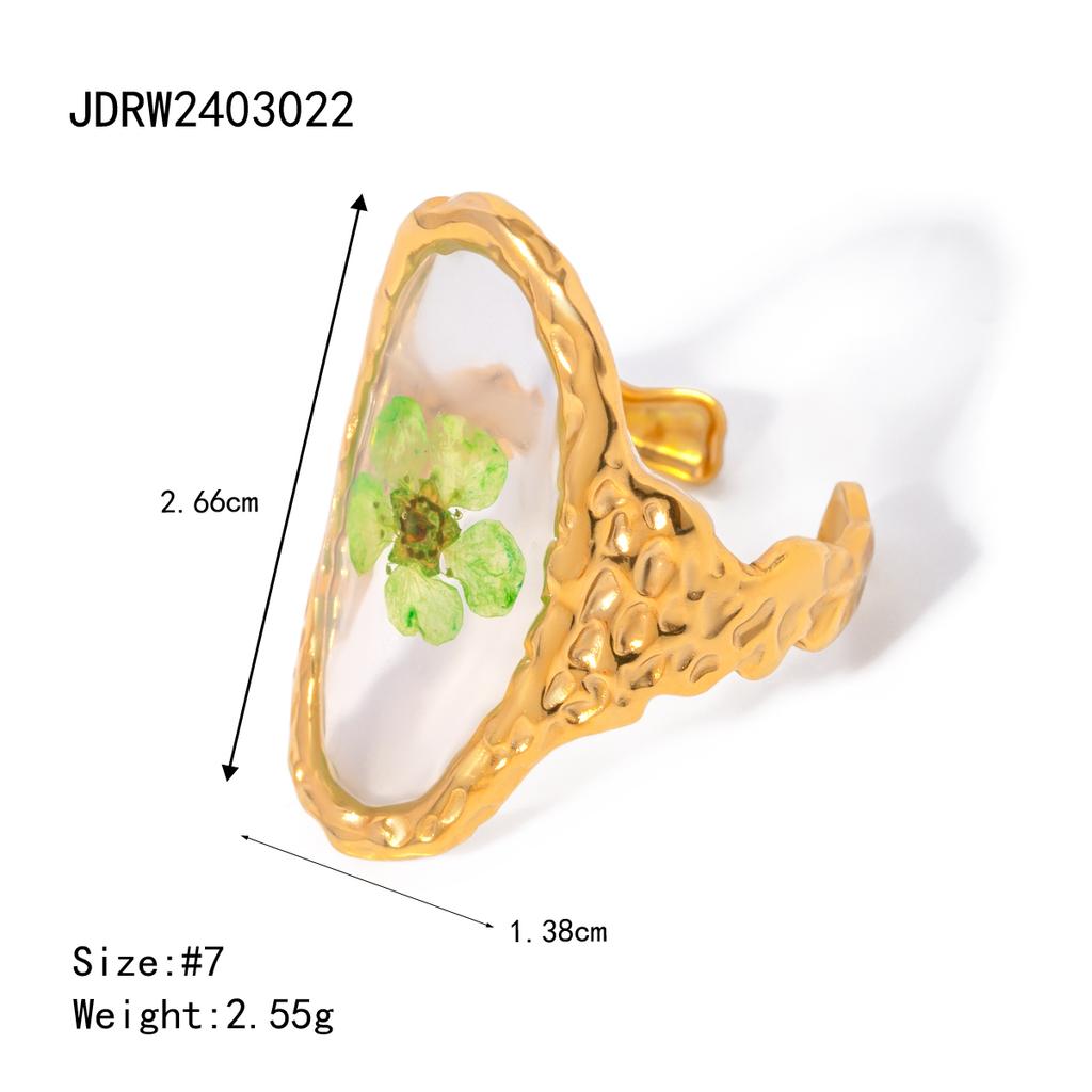 Light Cozy 18k Gold Plated Minimalist Polygonal Dry Flower Opening Ring Women Personalized Stainless Steel Statement Jewelry