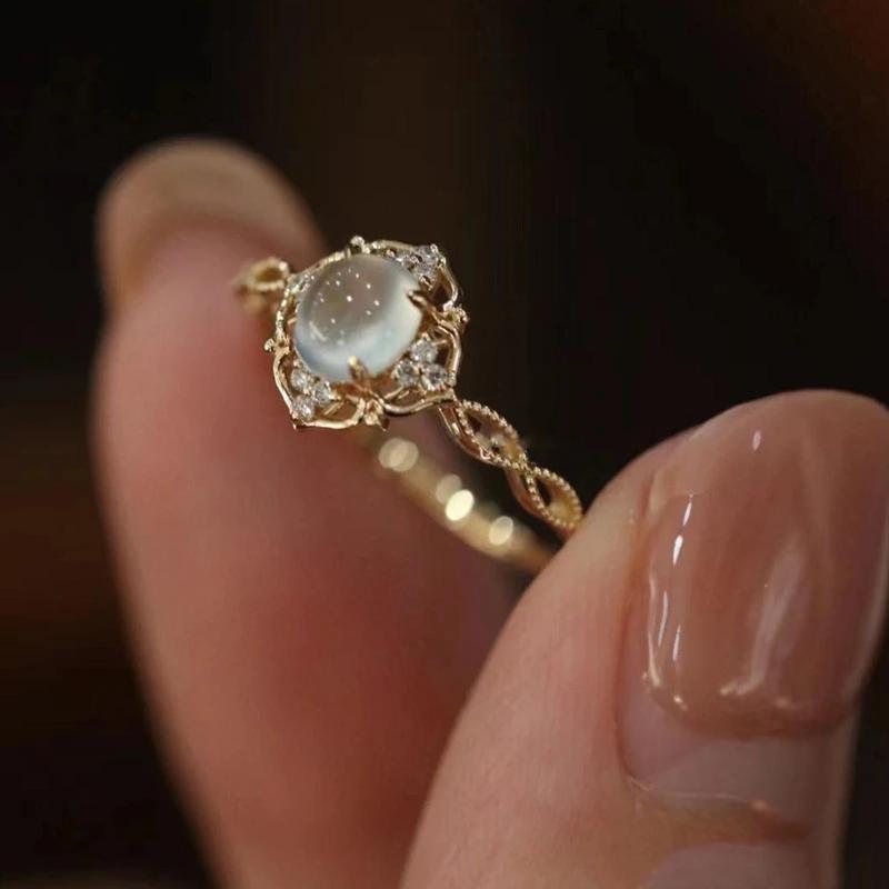 

Gold Plated Natural Moonstone Cats Eyes Ring for Women Fashion Luxury Geometric Design Rings Open Adjustable Ring Trendy Jewelry resizable