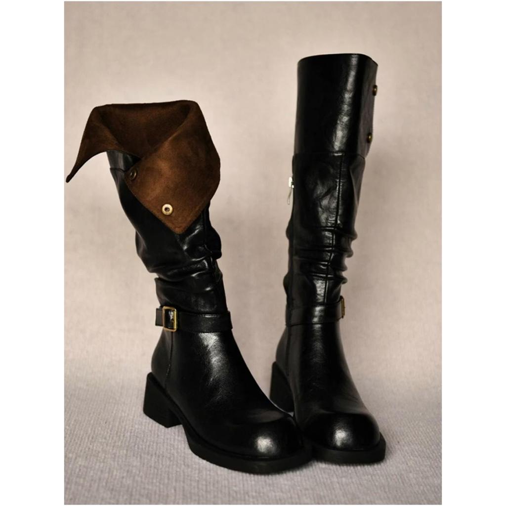 Cowhide version~ retro western cowboy boots women's round head metal buckle two wear lapel folds thin thick heel knight boots