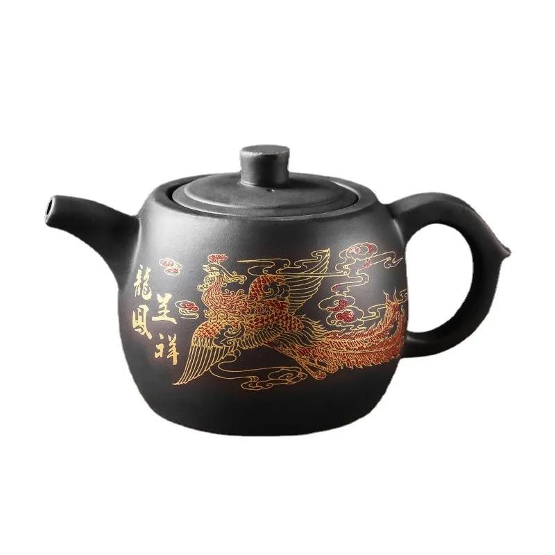 Yixing Fialové hliněné čajové konvice Velkokapacitní Květiny a ptáci Čajová konvice Ručně vyráběná Zhu Mud Dragon Vzor Čajový infuzér Čínský čajový set