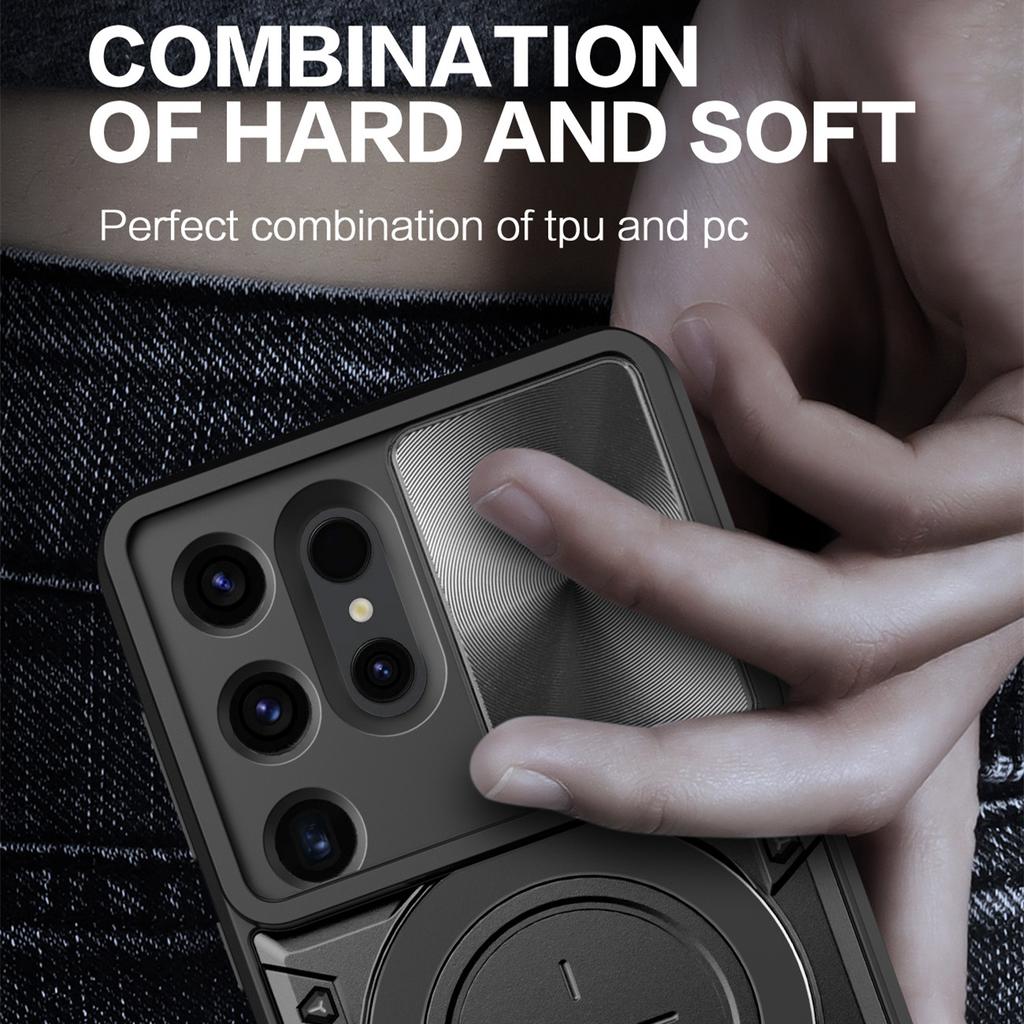 Pouzdro s magnetickým pancířem a hybridním kovovým kroužkem pro Samsung S24 S23 S22 FE Ultra Plus, vysouvací, s objektivem fotoaparátu, pro S21 S20 2020 4G 5G