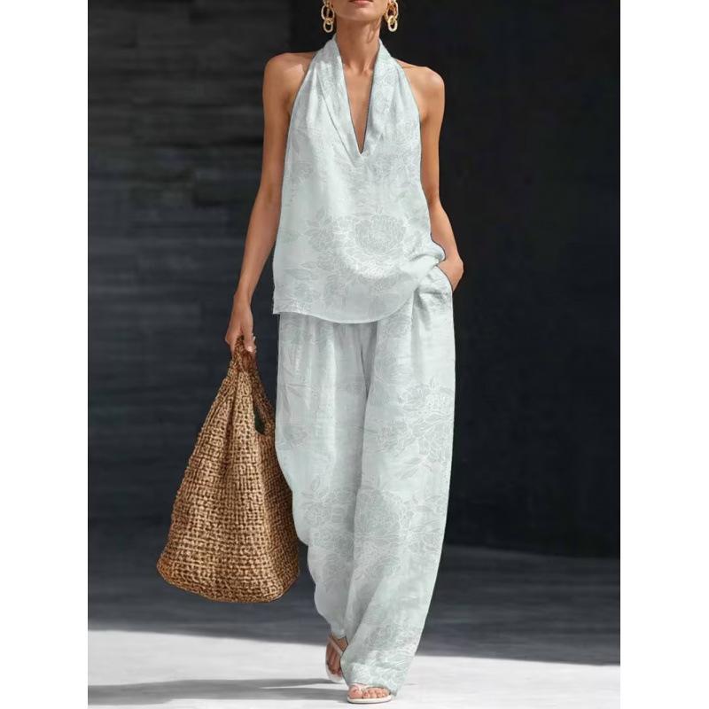 1116 Summer Cool Neck Suit Women's Temperament V-Neck Off-Shoulder Top + High Waist Wide Leg Pants Two-piece Set