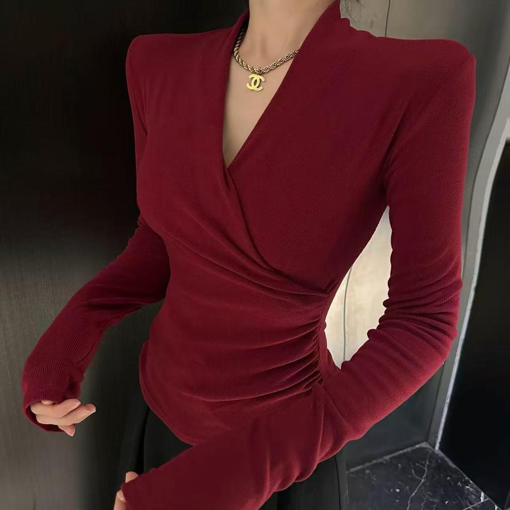 2025 Herbst/Winter Thermisches V-Ausschnitt Schlankmachendes Langarm Koreanisches Mode-T-Shirt für Damen
